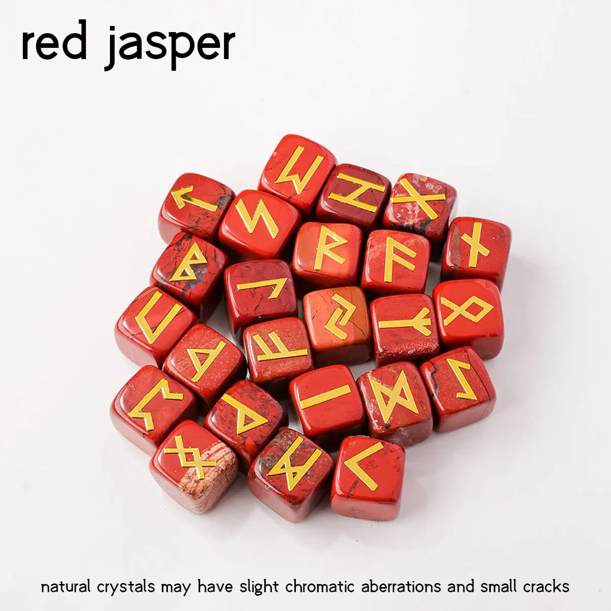 Elder Futhark rune symbols carved on vibrant crystal gemstones