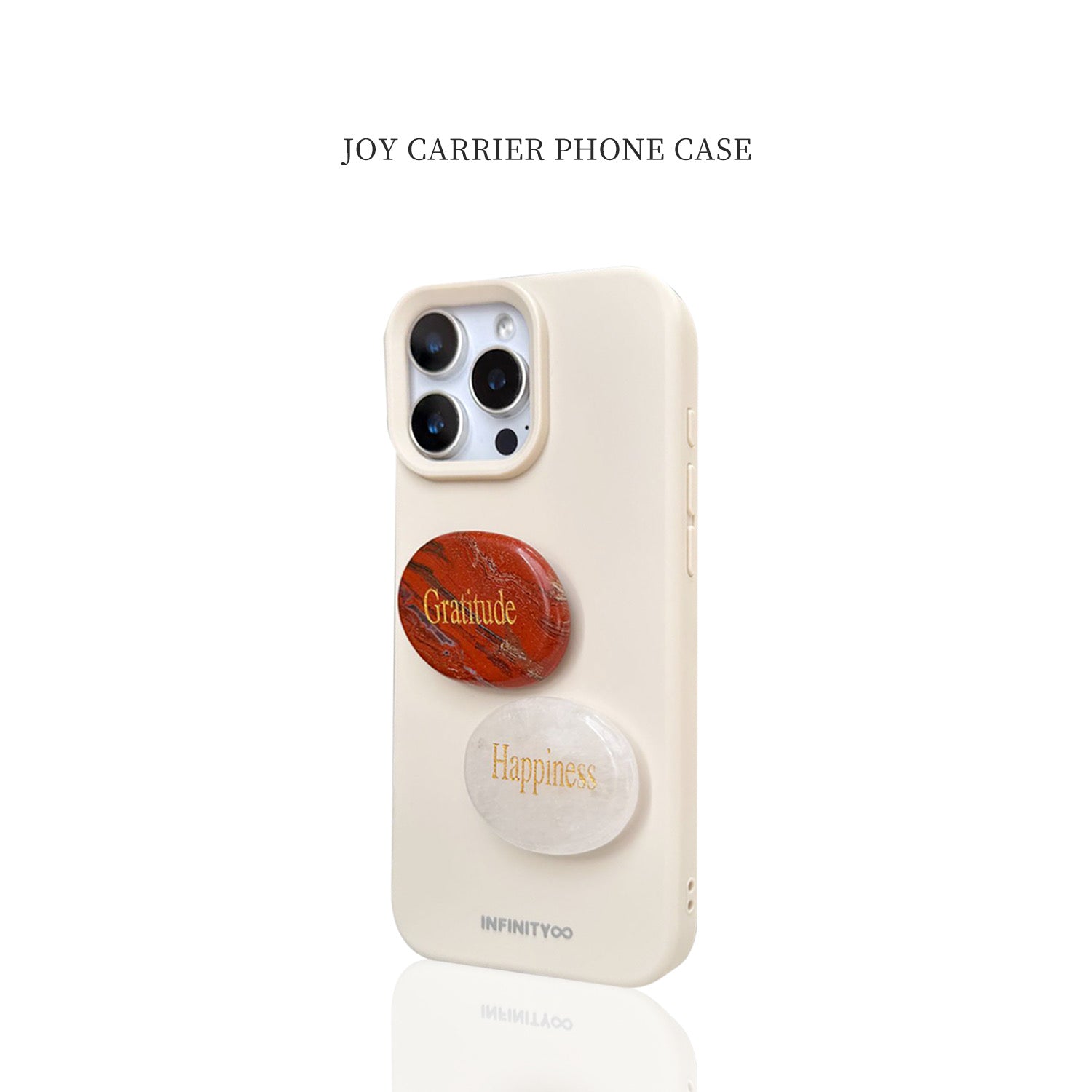 Phone case with 'Gratitude' and 'Happiness' pop sockets on a white background