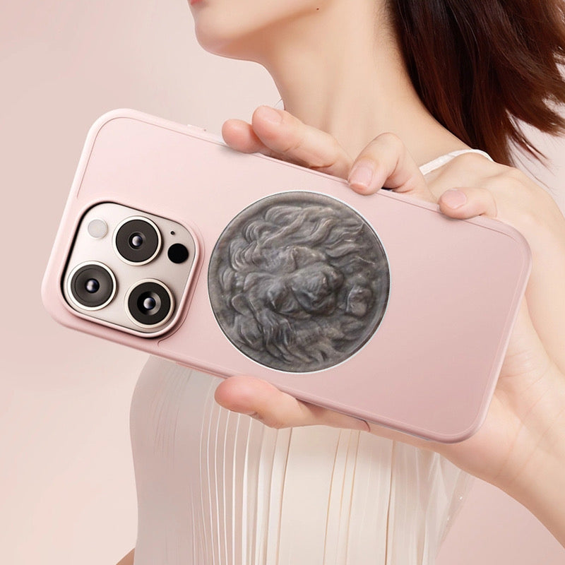 Workspace décor – lion-shaped silver obsidian healing crystal phone grip

