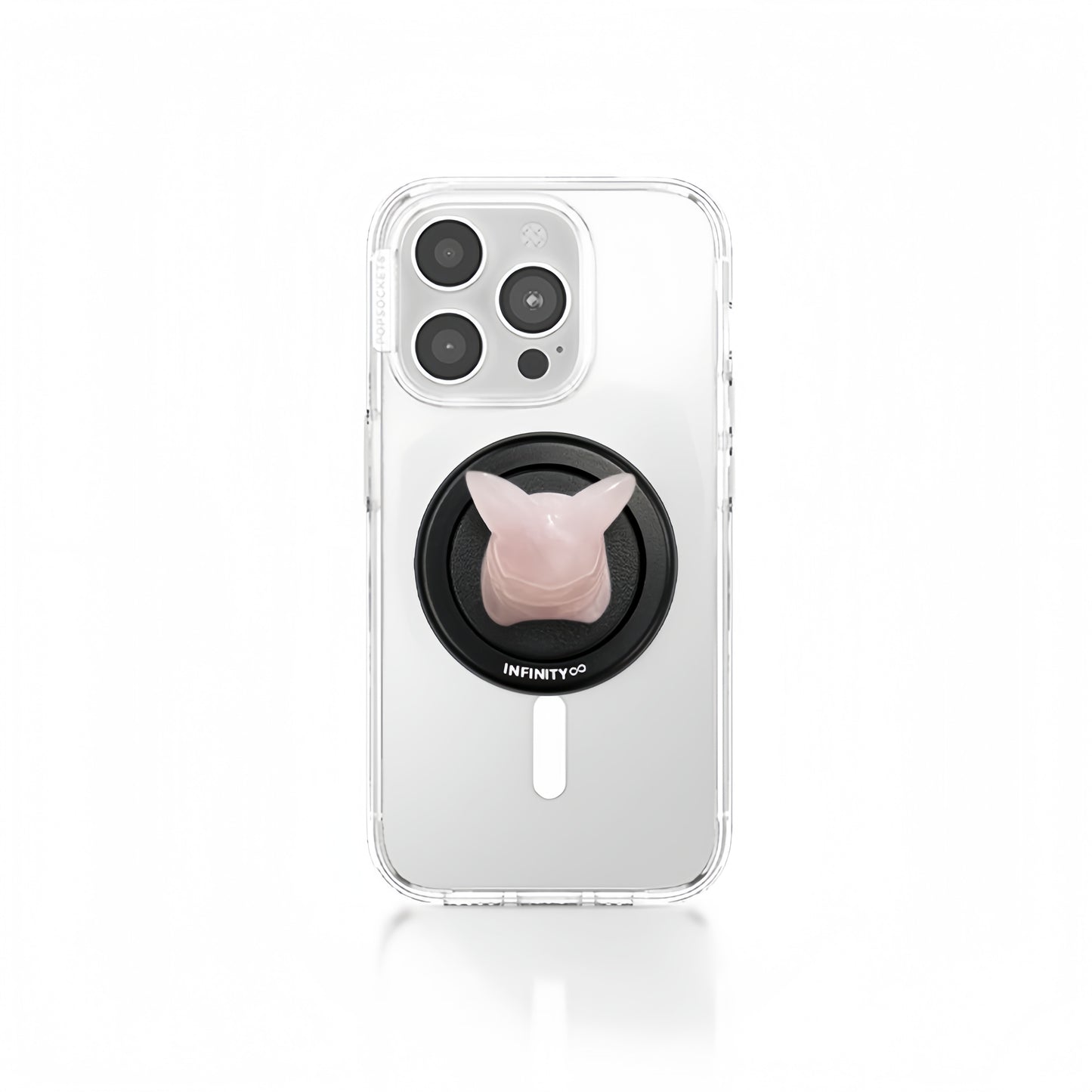 Close-up of rose quartz Pikachu magnetic stand – strong love energy