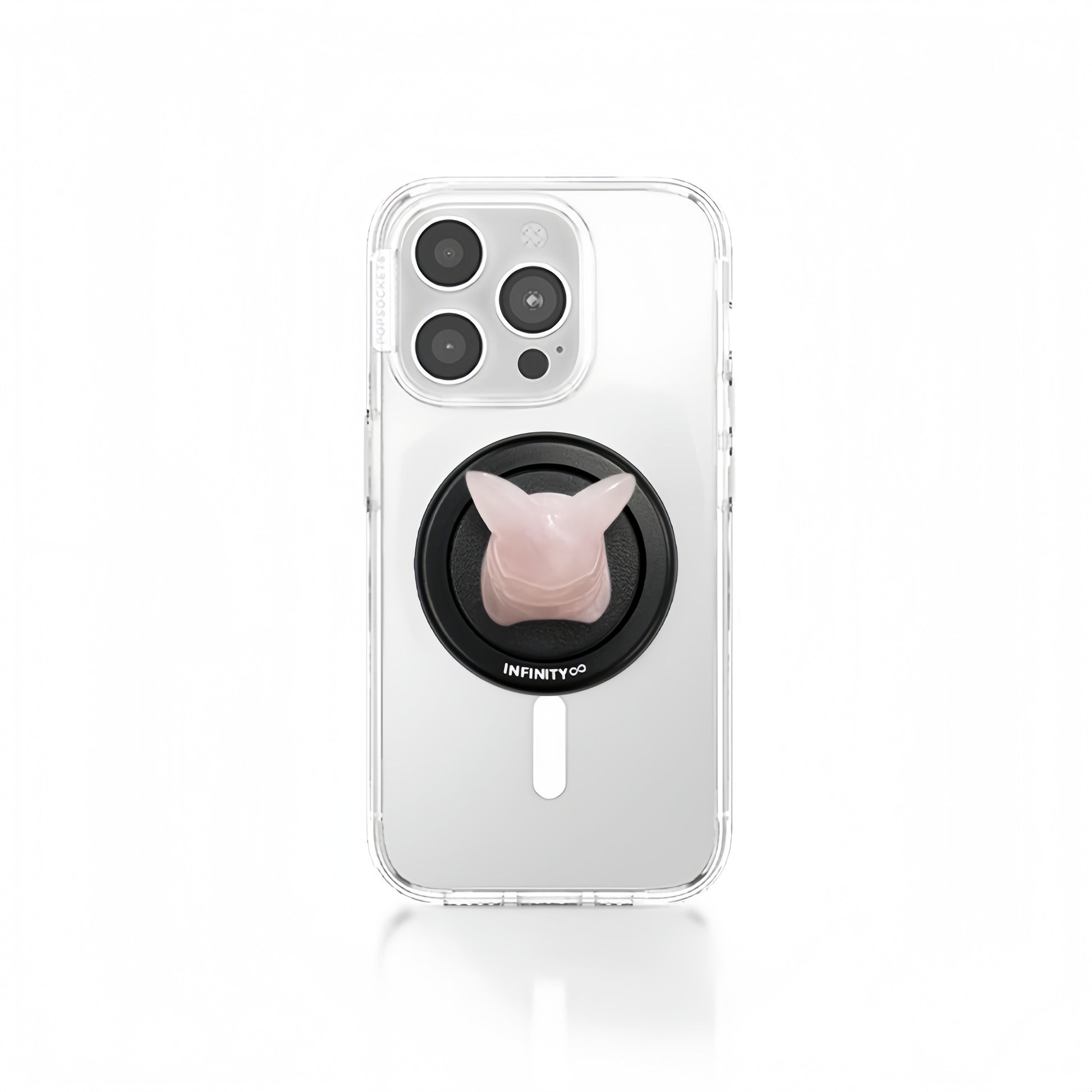Close-up of rose quartz Pikachu magnetic stand – strong love energy