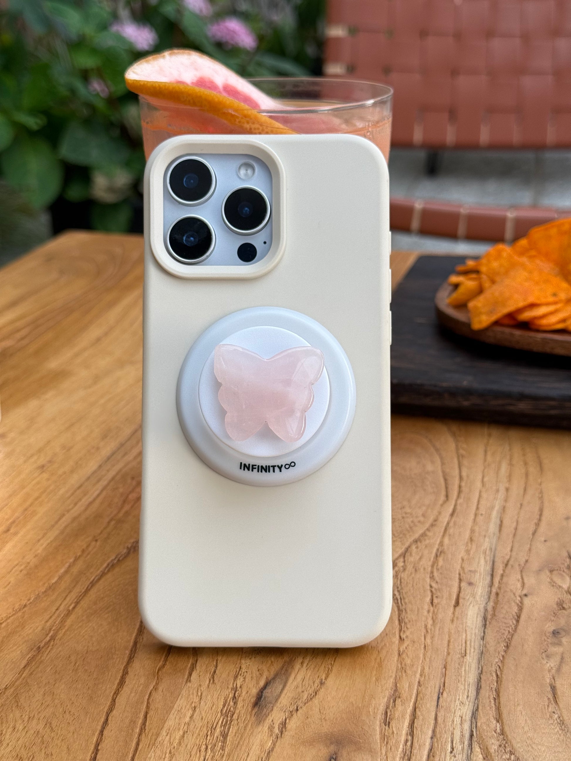 rose quartz phone grip with butterfly shape