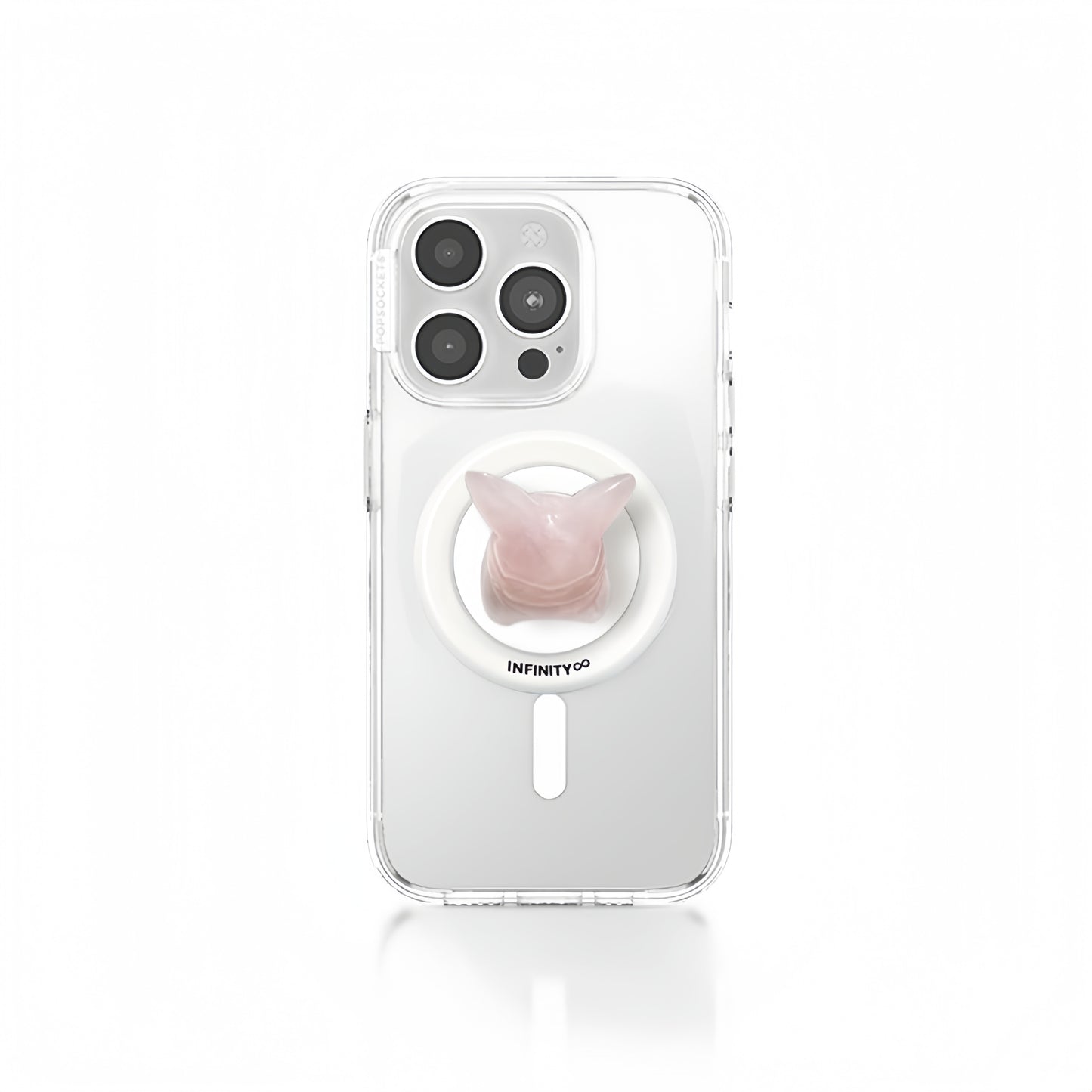 Powerful healing crystal rose quartz phone stand with Pokémon charm


