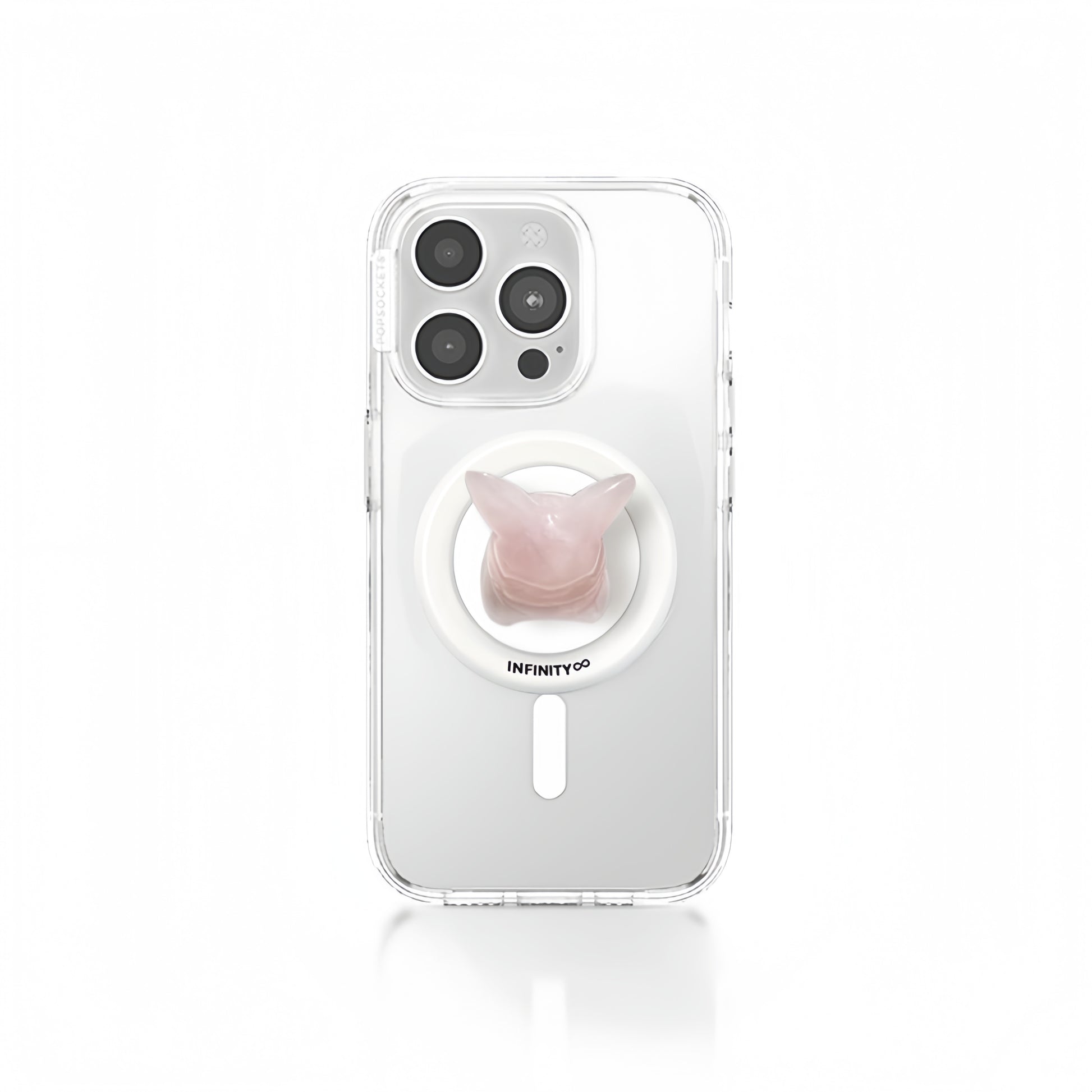 Powerful healing crystal rose quartz phone stand with Pokémon charm

