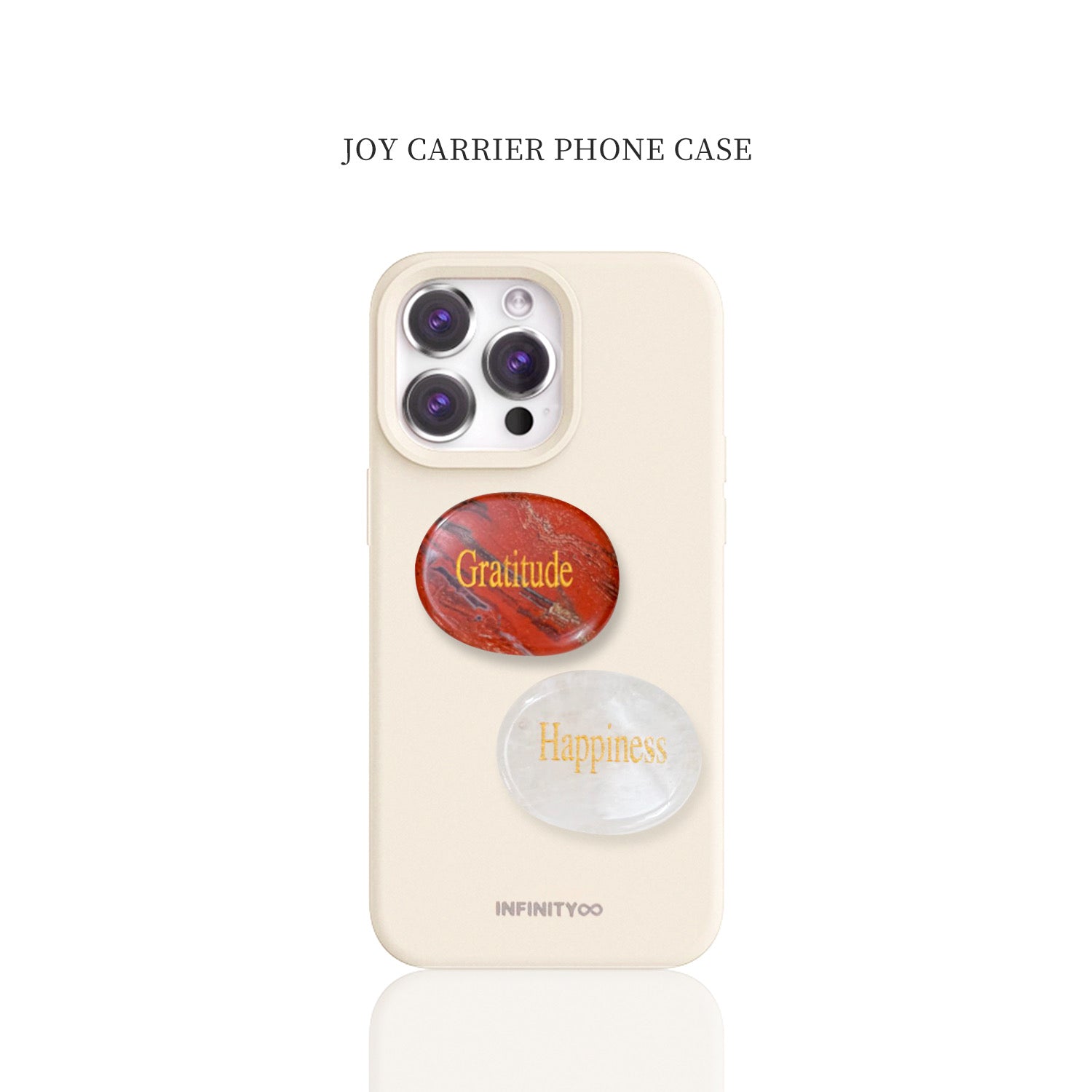 Joy Carrier phone case featuring Red Jasper engraved with “Gratitude” and Clear Quartz engraved with “Happiness”