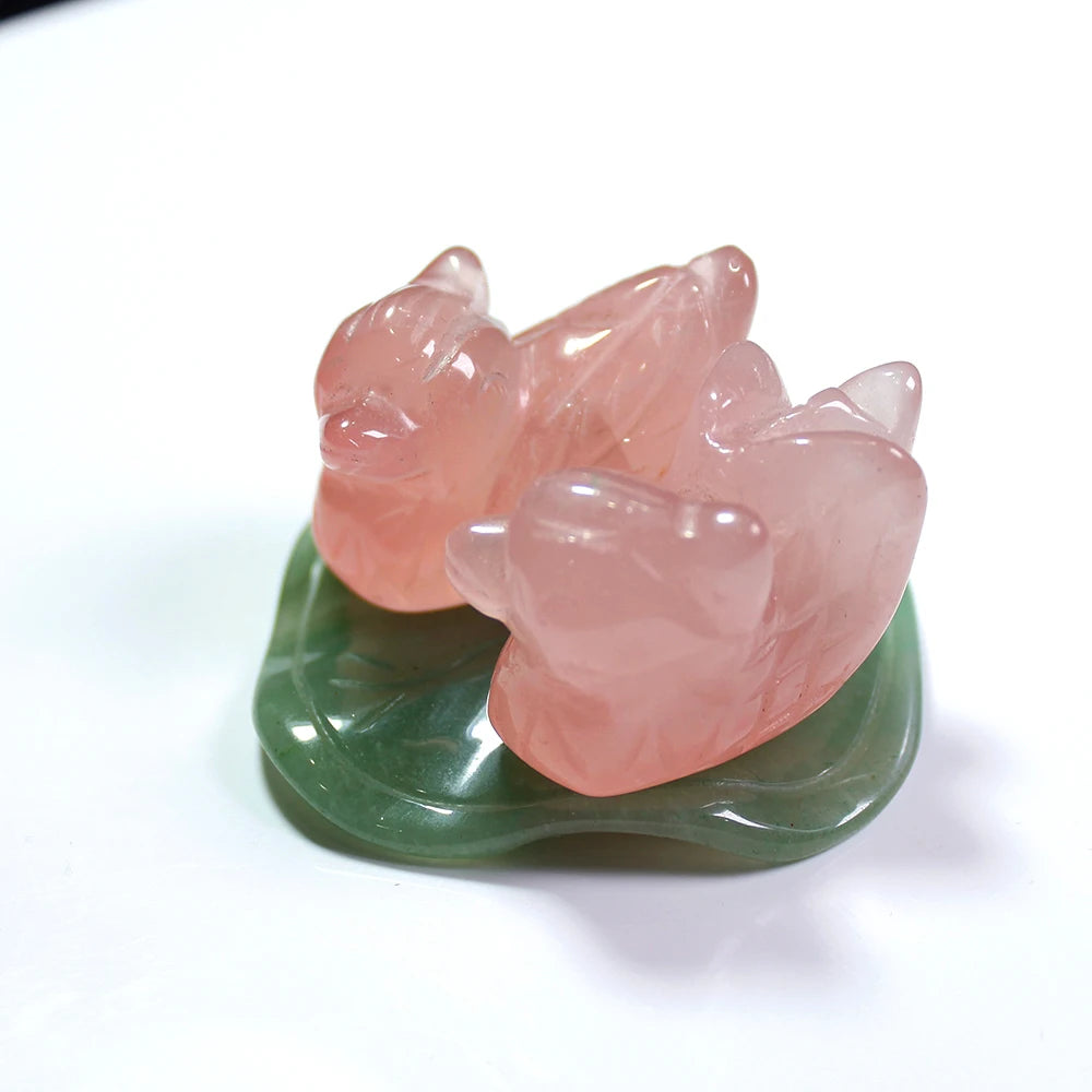 Hand-carved rose quartz ducks – crystal decoration for romance and harmony
