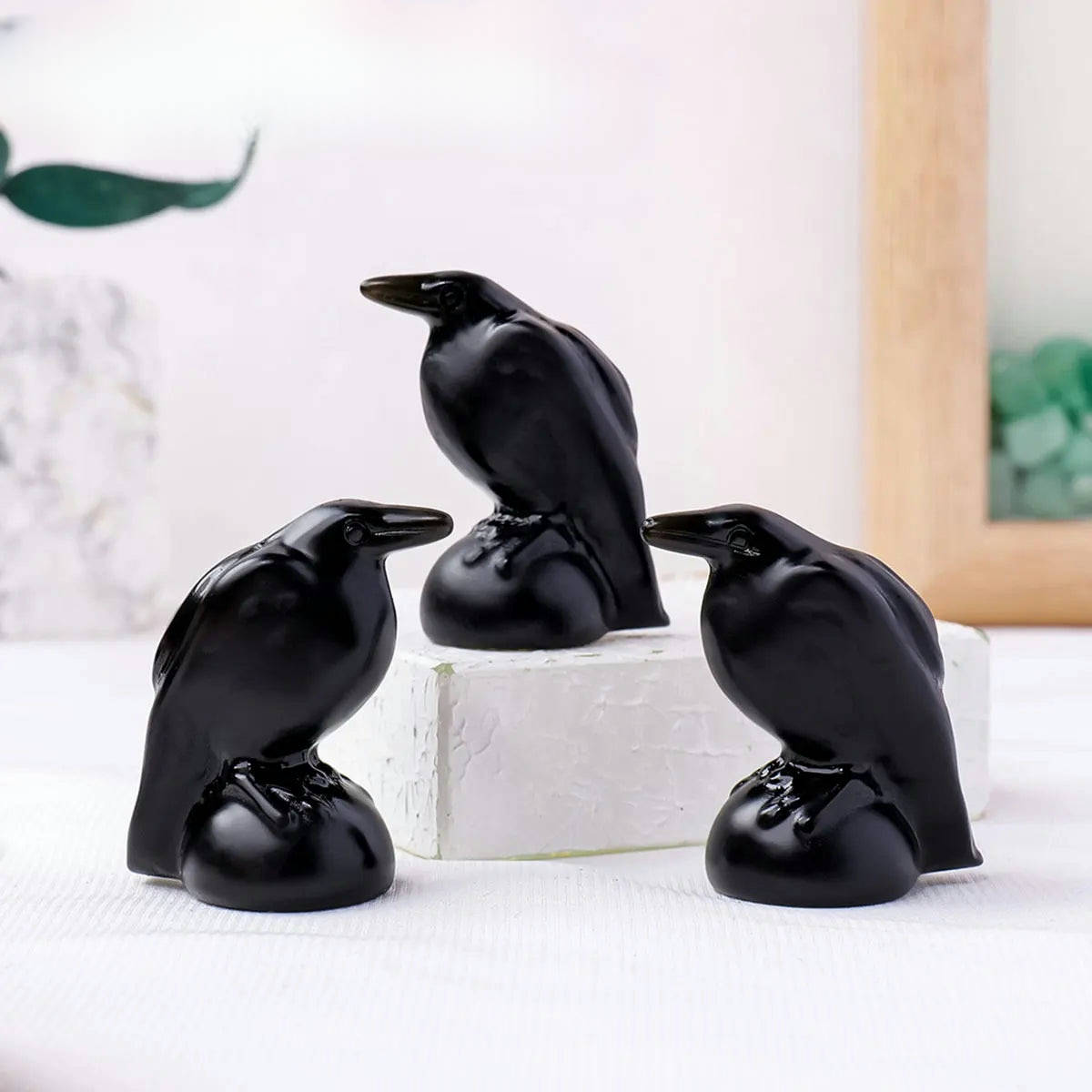 Black obsidian crow carving spiritual decor