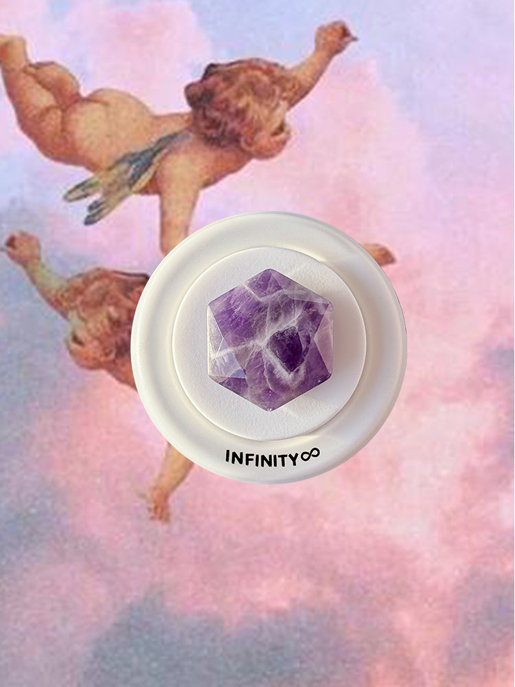 Purple amethyst crystal phone holder – calming spiritual energy
