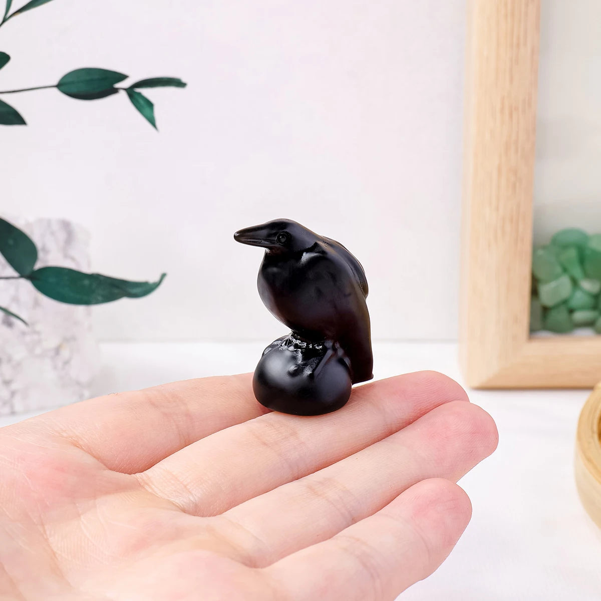 Obsidian carved crows decor for altar or shelf