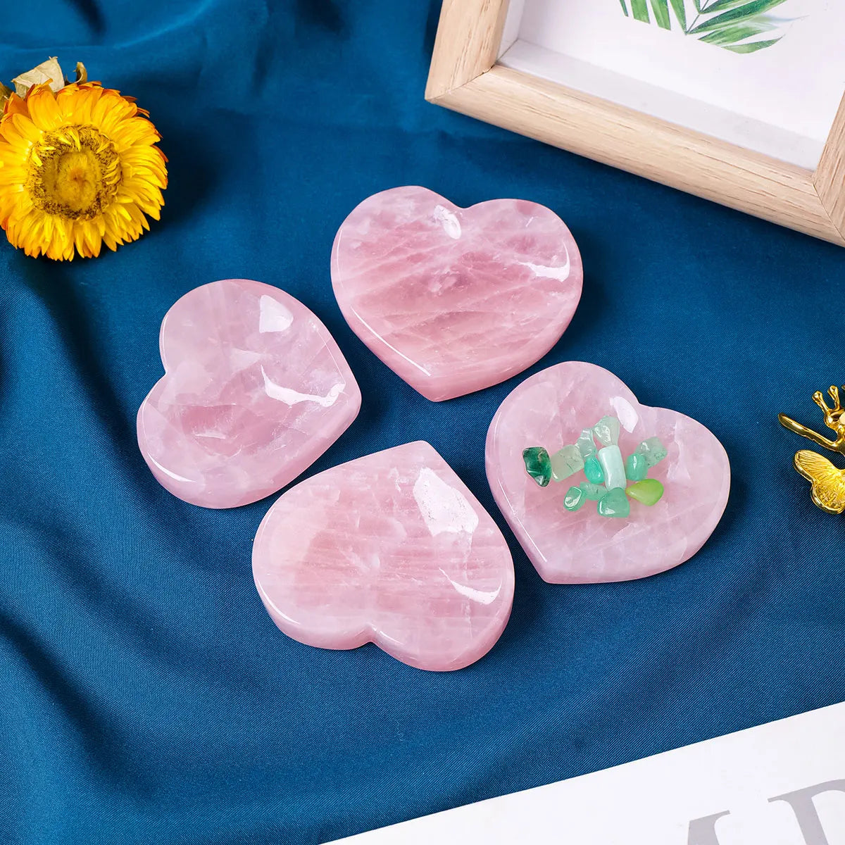 Hand-carved heart rose quartz dish – energy holder for crystals

