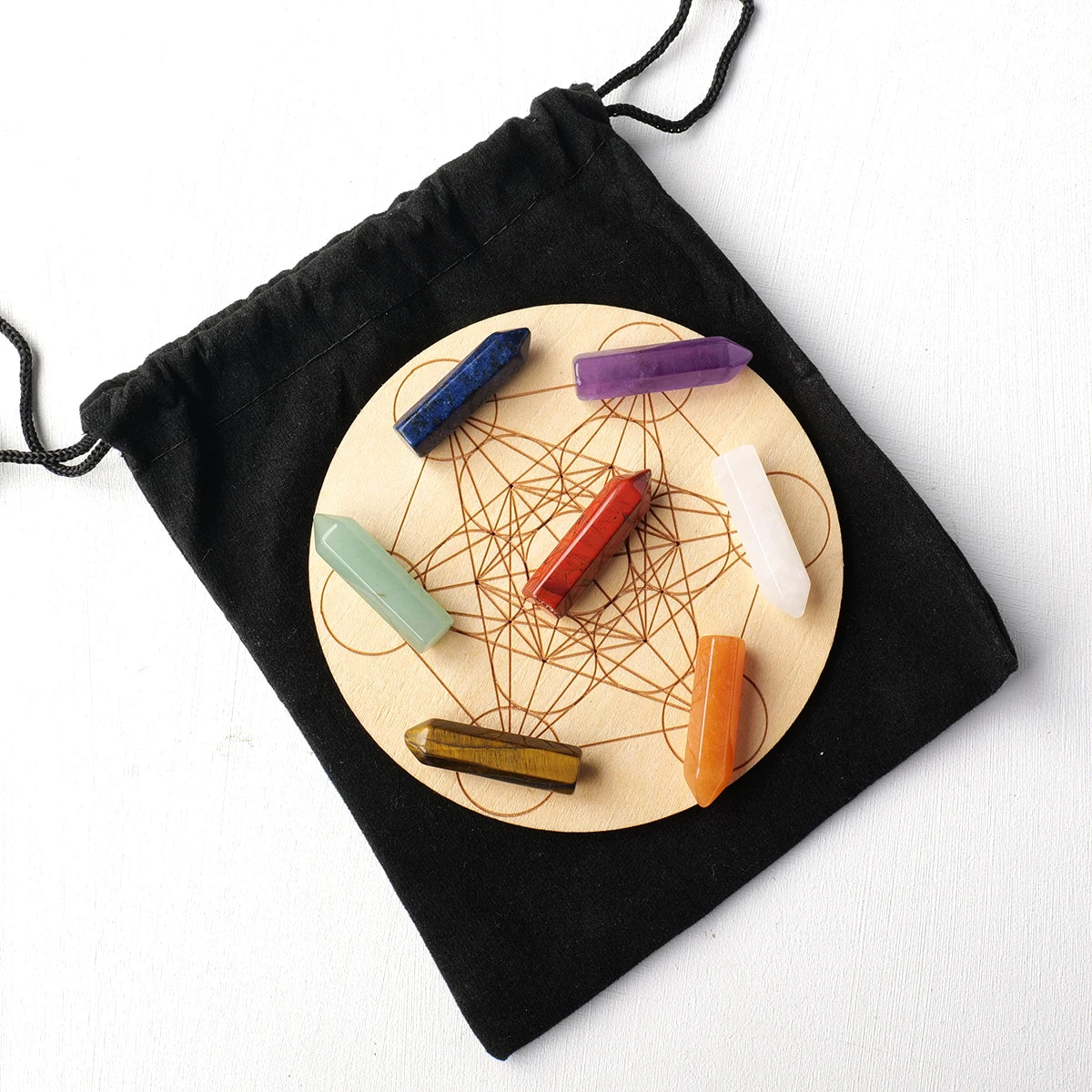 7 Chakra Hexagonal Crystal Column with Wooden Base