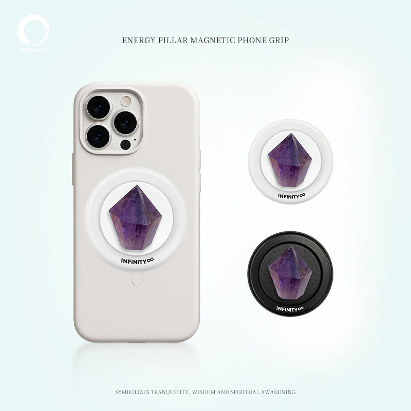 Amethyst Energy Pillar phone grip – vertical crystal stand with spiritual vibe