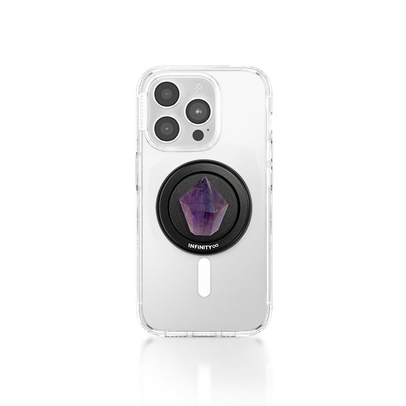 Hand holding Energy Pillar amethyst grip – spiritual phone accessory by INFINITY