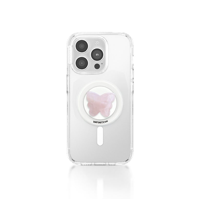 Rose Quartz magnetic phone holder with butterfly design – self-love crystal grip