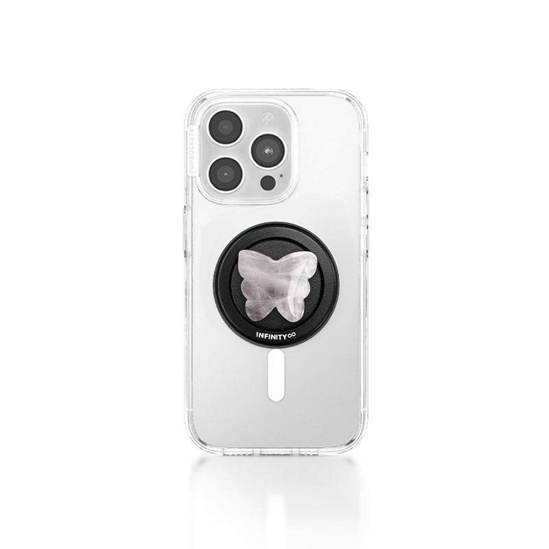 Handcrafted Rose Quartz butterfly grip on smartphone
